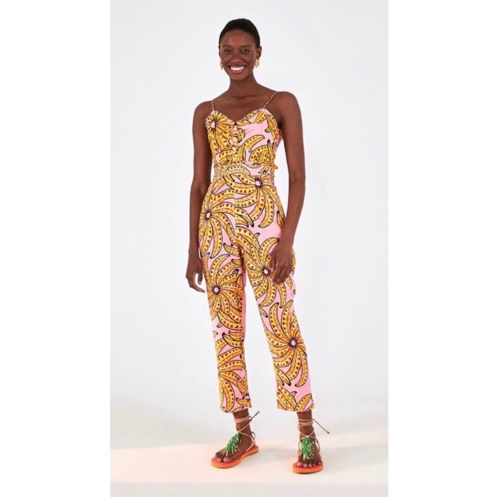 Farm Rio Banana Floral Jumpsuit XL Pink and Yellow linen
